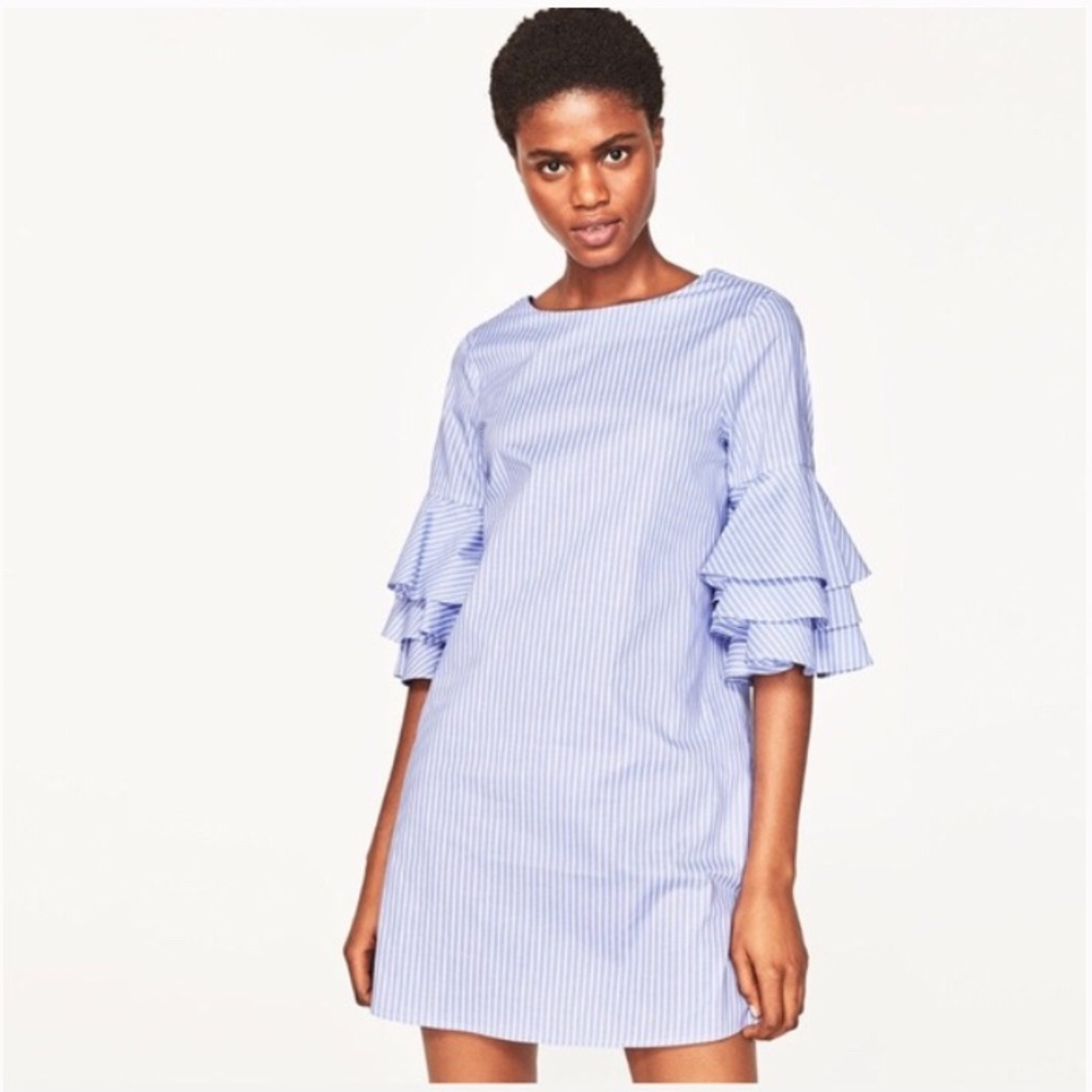 Zara blue and white ruffle sleeve dress